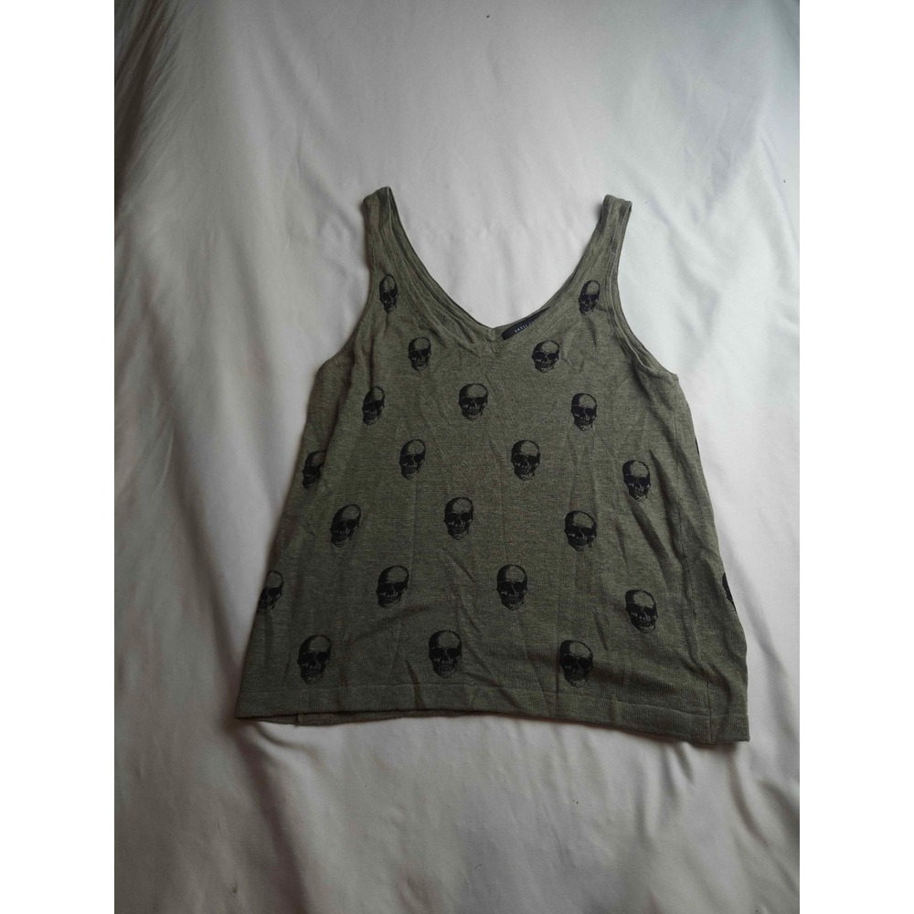 Skull Cashmere Olive Green Skull Print V-Neck Knit Tank Top Womens Small
